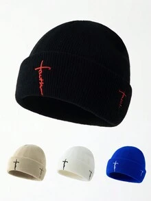 1pc Men's Fashion Embroidered Letter "Faith" Beanie Hat, Warm & Suitable For Autumn/Winter Casual Wear - Multicolor - View 8
