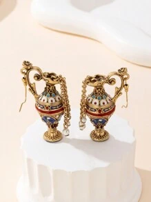 1 par de pendientes de joyería de moda elegante para mujeres, con diseño geométrico vintage francés esmaltado, adecuado para uso diario, regalo lujoso para vacaciones, fiestas y ocasiones especiales. Pendientes de mujer de aleación de cobre retro exagerados y voluminosos de material de lujo. - Multicolor - Ver 1
