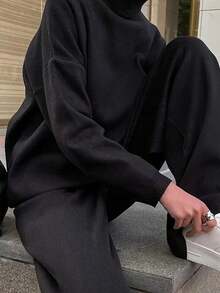 新款时尚优雅秋冬季宽松高领长袖上衣毛衣裤子两件套