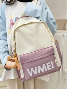 1 件紫色尼龙休闲校园风格字母印花大容量可折叠防水拉链背包（无吊坠），适合青少年、初中和高中学生、大学生、毕业生、日常使用、通勤、购物、旅行、返校、毕业礼物 - 紫色 - 查看 7