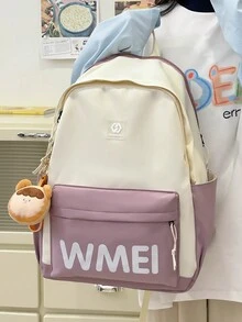 1 件紫色尼龙休闲校园风格字母印花大容量可折叠防水拉链背包（无吊坠），适合青少年、初中和高中学生、大学生、毕业生、日常使用、通勤、购物、旅行、返校、毕业礼物 - 紫色 - 查看 8