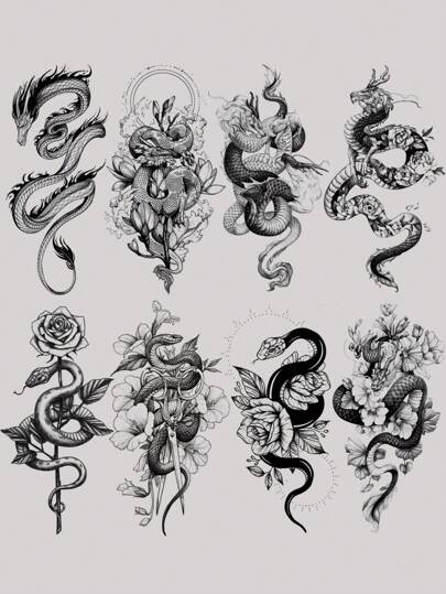 (8 件装)防水手臂和腿部假临时纹身龙蛇十字玫瑰，适合男性和女性成人，人体艺术大半臂袖穿透真实临时纹身贴纸