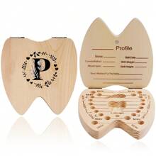 1 pieza Caja de madera para guardar dientes, caja de almacenamiento de dientes para niños y niñas con diseño de patrón de inicial y nombre creativo, caja recolectora del cordón umbilical y dientes, caja de recuerdos, organizador en inglés - Albaricoque - Ver 15