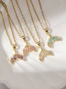 1pc Copper Cubic Zirconia Dopamine Lucky Clover Pendant Necklace, Fashionable Layering Collarbone Chain Jewelry For Women