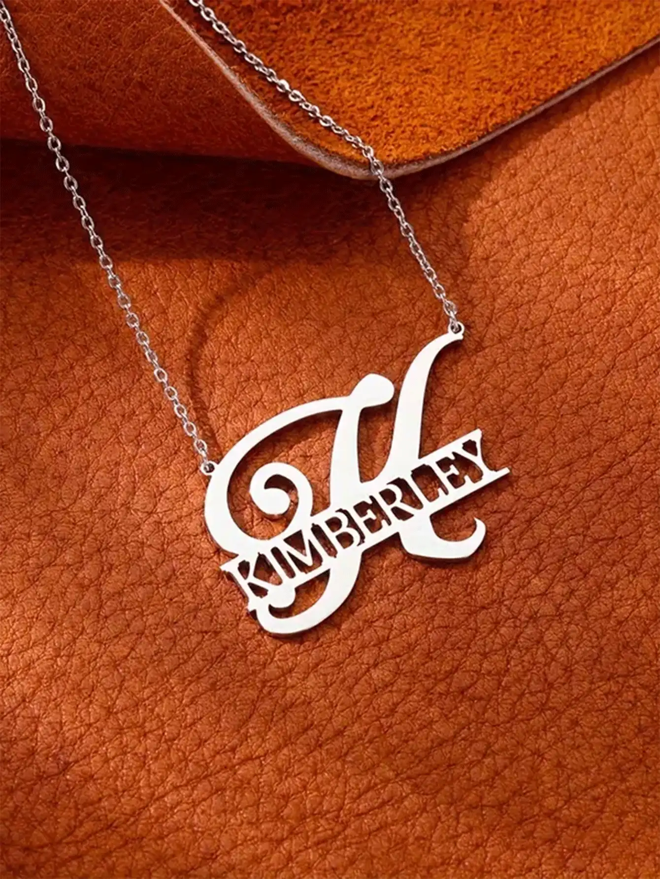 Customized Initials Necklace, Middle Filled Name Pendant Necklace, Fashion Stainless Steel Necklace, Initial Name Plate Chain Choker Laser Cutting Custom Necklace For Women Jewelry Gift Accessories Party Birthday Gift - Silver - View 6