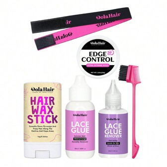 6 件套假发安装配件套装包括：1.3 盎司 38 毫升蕾丝假发胶头发替换粘合剂、蕾丝胶防水假发粘合剂、1 液体盎司/30 毫升假发胶带液体去除剂（用于接发）、1.05 盎司/30 克边缘控制凝胶强力定型、0.56 盎司/16 克飞散棒造型蜡、适用于所有婴儿头发的双面边缘控制发刷、蕾丝熔带松紧带