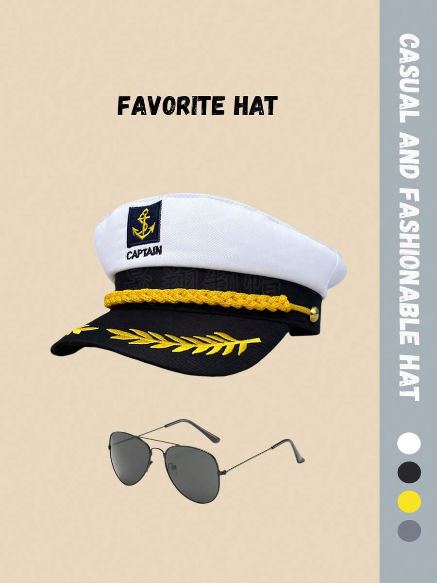 2 piezas/Set Gorro de capitán de la marina + Gafas de sol reflectantes de moda, Conjunto de gorra y gafas, Gorra de uniforme de cosplay Sombrero plano de capitán marinero, Adecuado para actuaciones, fotografía, vestimenta diaria, opción de regalo ideal - Multicolor - Ver 1