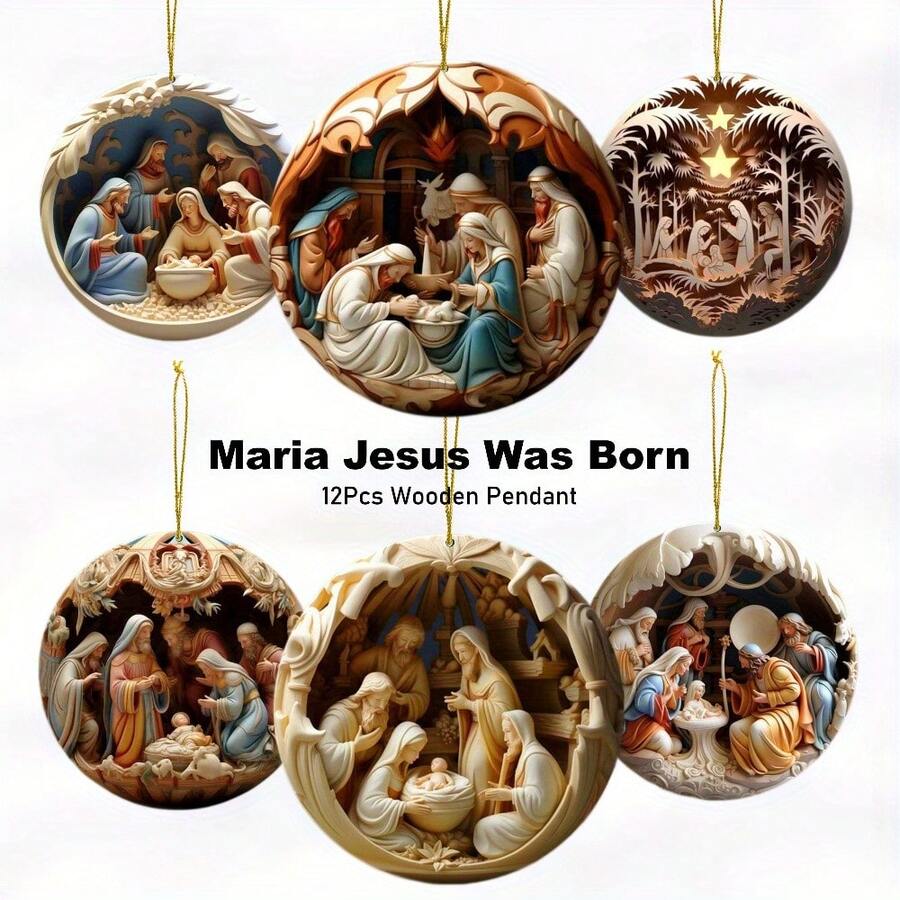 12pcs Christmas Decoration Wooden Nativity Scene Decoration Suit, 3D