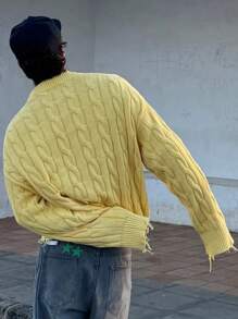 ANDREILEE Men's Loose Casual Street Ripped Fringe Crew Neck Long Sleeve Pullover Sweater, Versatile Knit Top For Spring, Autumn, Winter - Yellow - View 2