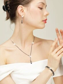 四件套女士水钻晚宴手拿包、水钻夹式耳环、新娘婚礼项链手链、闪亮吊坠手拿包、信封式晚宴包、带可拆卸肩带的女士闪亮手提包，适合婚礼和派对场合，女士单肩包 - 黑色 - 查看 3