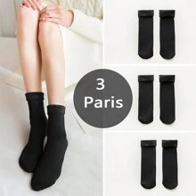 3 双女士厚款保暖保暖内衬中筒袜，纯色保暖雪袜，适合秋冬季 - 杏色 - 查看 1