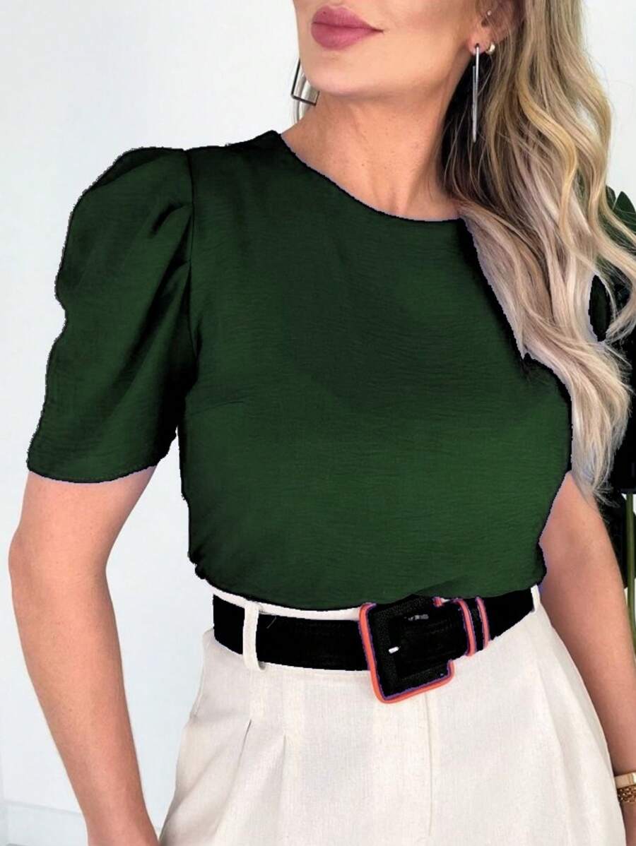 WOMEN'S BLOUSE SHORT SLEEVE PRINCESS PUFANTE DUNA - Army Green - View 1