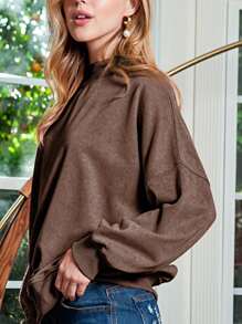 Boho Retro 60's Cotton Mix  Drop Shoulder Mineral Acid Washed Oversized Mock Neck Dolman T Shirt Top  Sweat Shirt - Khaki - View 2