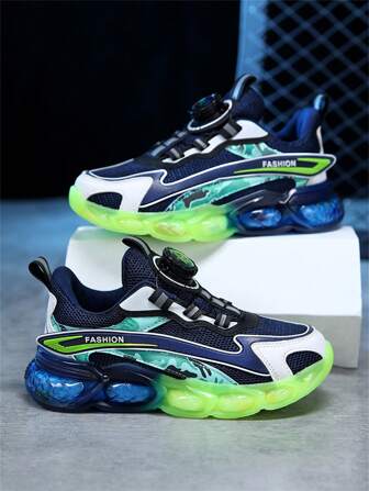 1 Pair Unisex Kids Sneakers, Mesh Contrast, Lace-Up, Soft, Lightweight, Breathable, Rotary Button, Two-Tone, Jelly Translucent Outsole, Gradient, Casual Sports Shoes