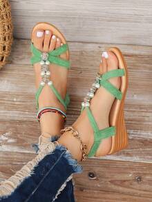 Sandalias de cuña con punta abierta y decoración de perlas, en talla grande para mujer, en color verde - Verde - Ver 5