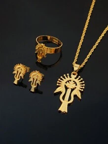 3 件套珠宝套装、项链、耳环、女士和女孩戒指、黄金、非洲婚礼用品 - 金黃色 - 查看 10