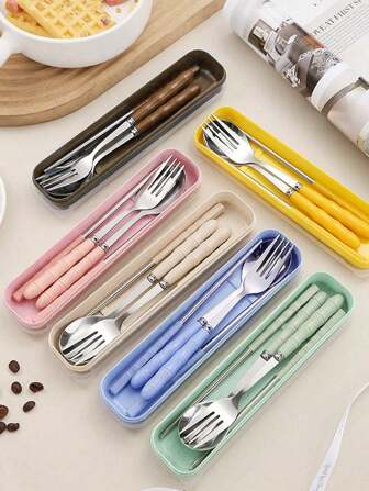 1pc Festival Tableware Set 3pcs Stainless Steel Portable Cutlery Set (Chopsticks, Spoon, Fork) Suitable For Parties, Travel, Kitchen, Restaurant ,Kitchen,Christmas Gift Back To School,School Supplies