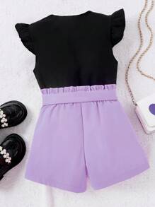 2pcs Young Girl Summer Lightweight Casual Set, Flare-Sleeve Knit Crew Neck Heart Print Top And Woven Drawstring-Waist Shorts, Breathable Summer Outfit - Purple - View 2