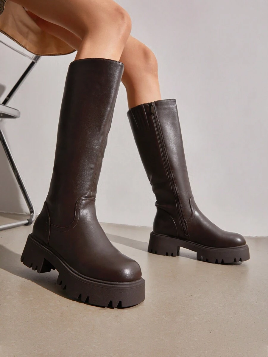 Knee High Boots Women, Comfortable Platform Round-Toe Side Zip Boots For Women