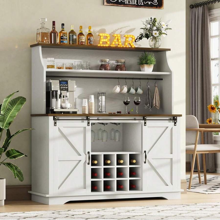 55" Buffet Storage Cabinet With 3-Tier Storage, Farmhouse Coffee Bar With 6 Hooks, Kitchen Wine Bar Cabinet With 12 Wine Racks & 3 Glass Holders, Coffee Bar Station For Dining Room, White