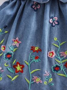 2 件套新生女童长袖刺绣牛仔连衣裙（配腰带） - 藍色 - 查看 2