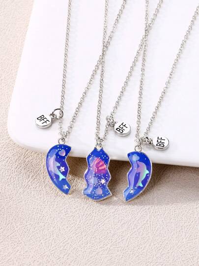 3pcs/Set Girls' Colorful Butterfly & Heart Shaped Glitter Magnetic Pendant Necklace, Gift For Best Friends