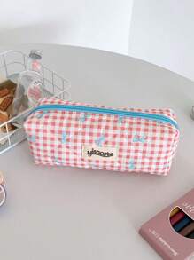 1 pieza Estuche de lápices con lazo y estampado a cuadros, estilo fresco, diseño coreano de vuelta a la escuela, útiles escolares, estuche de lápices, mochila escolar