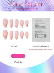 24pcs Almond White French Tip Press On Nails Medium Stripes With Glitter Fit Perfectly Design Acrylic False Nail Set,Contain 1pc Jelly Glue And 1pc Nail File, Summer Nails For Women And Girls To DIY Daily Work Study And Party Use