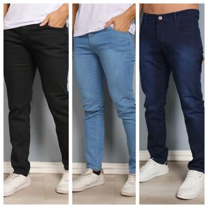 Kit 3 Calças Denim Masculinas com Elastano Modelagem Slim Fit Casual Confortável Básica