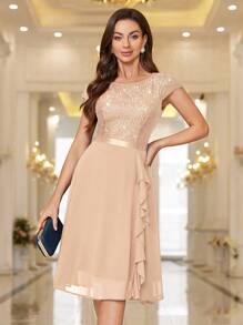 MIUSOL Sequin Lace Ruffle Trim Chiffon Cocktail Party Swing Dress