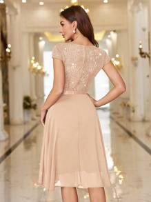 MIUSOL Sequin Lace Ruffle Trim Chiffon Cocktail Party Swing Dress