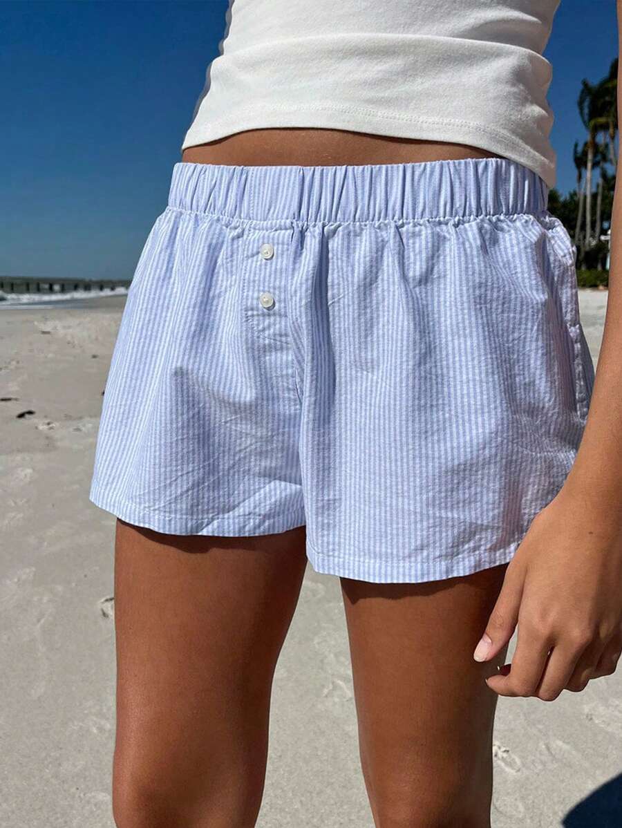 Short con elástico de rayas para mujer, estilo pijama corto de cintura baja, lindo short de boxeo, pantalón corto de descanso de verano, ropa de dormir - Azul - Ver 1