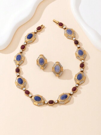 1pc Necklace & 1 Pair Stud Earrings Set, Vintage Gold Plated With White Stone, Red Cloud & Blue Module Mix Design, Fashion Elegant Vintage Style European And American Necklace For Women