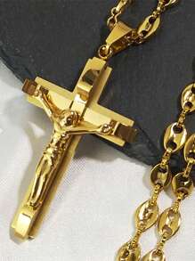 Jesus Cross Crucifix Pendant Necklace For Men Stainless Steel Gold Color Christian Coffee Bean Chain,Father's Day Gift, The Perfect Gift For Family And Friends