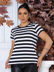 Basic Striped Women's T-Shirt Blouse - 黑色 - 查看 1