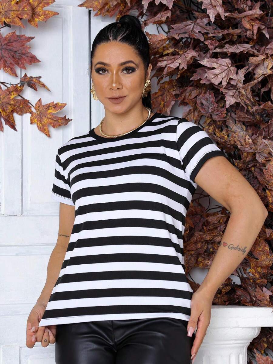 Basic Striped Women's T-Shirt Blouse - 黑色 - 查看 1