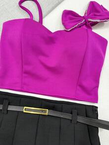 Cropped Bow Set With Two-Way Shorts And Thin Belt - Màu tím - Xem 2