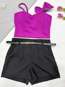 Cropped Bow Set With Two-Way Shorts And Thin Belt - Màu tím - Xem 1