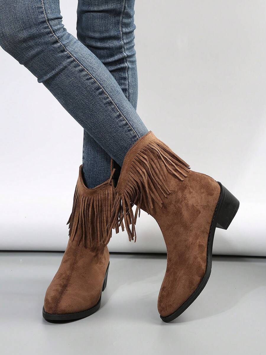 Women's Western Style Pointed Toe Chunky Heel Fringe Cowboy Boots - Brown - View 1