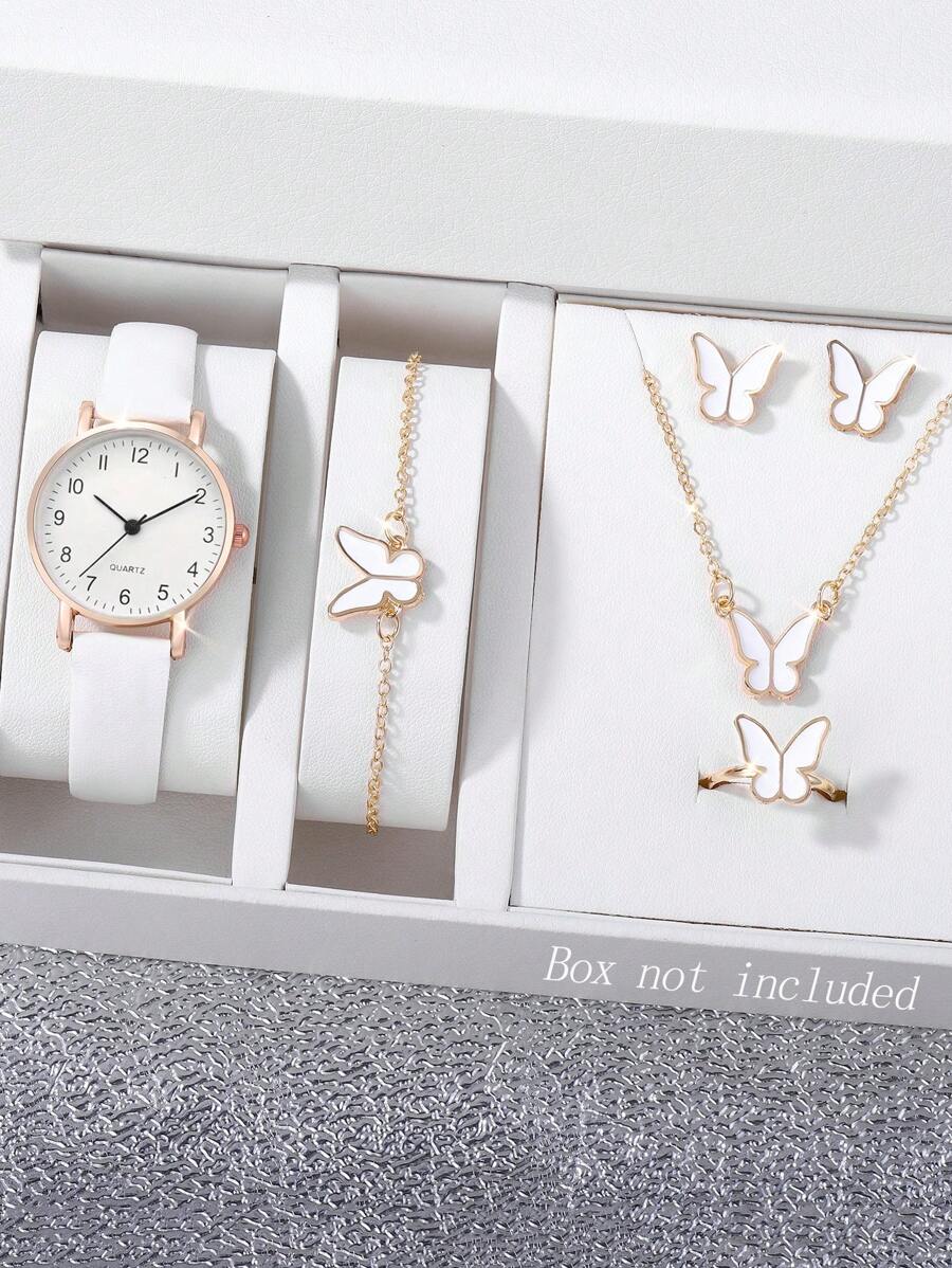 女孩的白色手表 + 蝴蝶手链项链耳环戒指首饰套装学院风时尚休闲风格可爱物品女孩的礼物万圣节礼物圣诞节礼物生日礼物 - 白色 - 查看 1