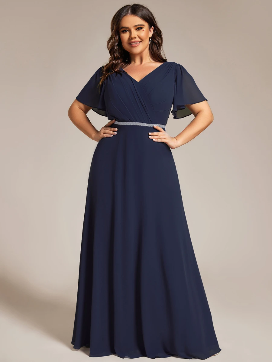 Plus Elegant V-Neck Pleat Ruffle Sleeve Chiffon Maxi Bridesmaid Dresses For Wedding - Navy Blue - View 1