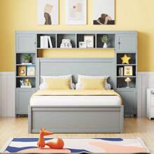 DlandHome 94'' Wood Bed, Solid Wood Bed With Multi-Functional Cabinets, Sockets, 4 Large Capacity Drawers Under The Bed, Full Storage Space