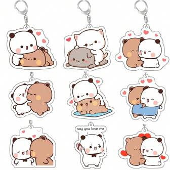 Anime Dudu Bubu Key Chain Super Cute Couple White And Grey Couple Bear Panda Acrylic Keychains Ring For Accessories Bag Pendant Keychain Jewelry Fan Love Gifts Valentine's Day Valentines Car Accessories Bag Charm School Letter