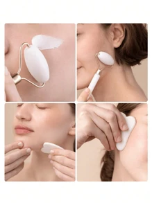 Facial Beauty Massage Tool Set, With Roller Massager And Scraping Gua Plate, For Body And Back, Pink/White Optional