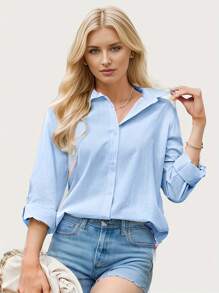 Women's Long Sleeve Loose Casual Lapel Shirt Cotton Linen - 淺藍色 - 查看 1