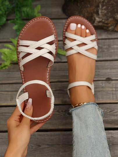 Neue Damen Sommer Sandalen mit offenem Zehenbereich, gestreiften Riemen und elastischem Band, flach, europäischer und amerikanischer Stil