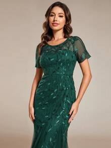 EVERPRETTY Round Neck Sequin Mesh Contrast Sleeveless Party Dress - Dark Green - View 5