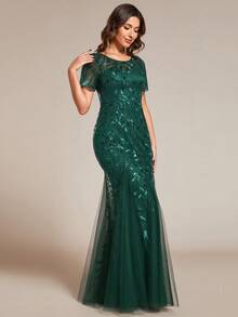 EVERPRETTY Round Neck Sequin Mesh Contrast Sleeveless Party Dress - Dark Green - View 3