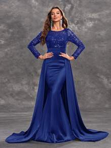 YISIKADO Women Sequin Contrast Satin Ball Gown Elegant Modest Evening Dress Long Sleeve Round Neck Maxi Dress For Wedding Guest Graduation Banquet Dinner - Royal Blue - View 2