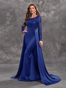 YISIKADO Women Sequin Contrast Satin Ball Gown Elegant Modest Evening Dress Long Sleeve Round Neck Maxi Dress For Wedding Guest Graduation Banquet Dinner - Royal Blue - View 5